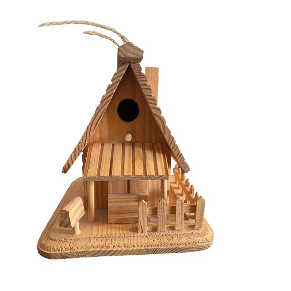 Other - Rustic Wooden Folk Art Cabin Bird House Hand Made Hanging Garden Yard Decor 6x7”